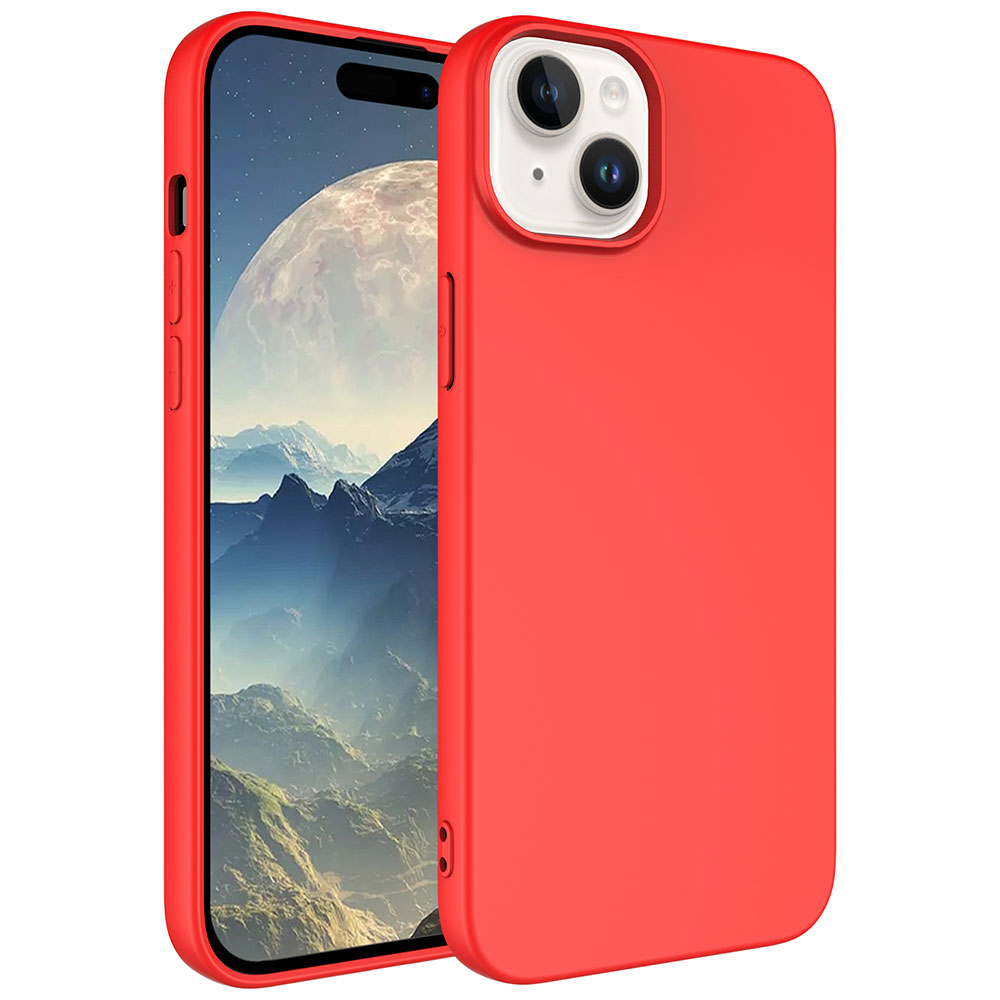 Dağ ve ay arka planını gösteren çift lensli kırmızı iPhone kılıfı.