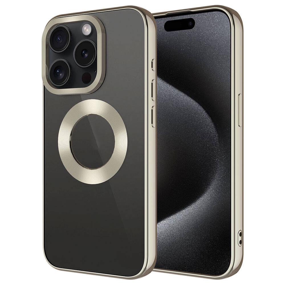 Üç kameralı, manyetik halkalı altın rengi iPhone kılıfı.