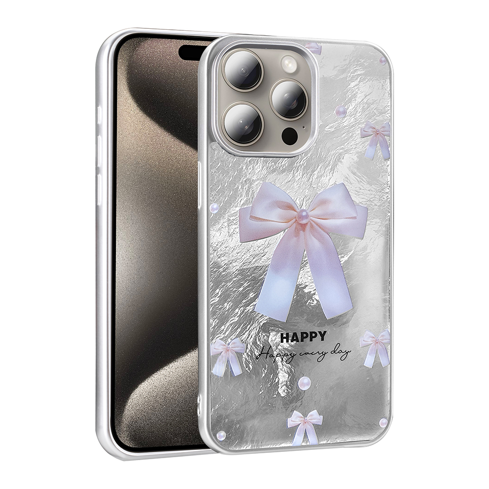 Gümüş folyo dokulu, pembe kurdeleli, incili ve yazılı iPhone kılıfı.
