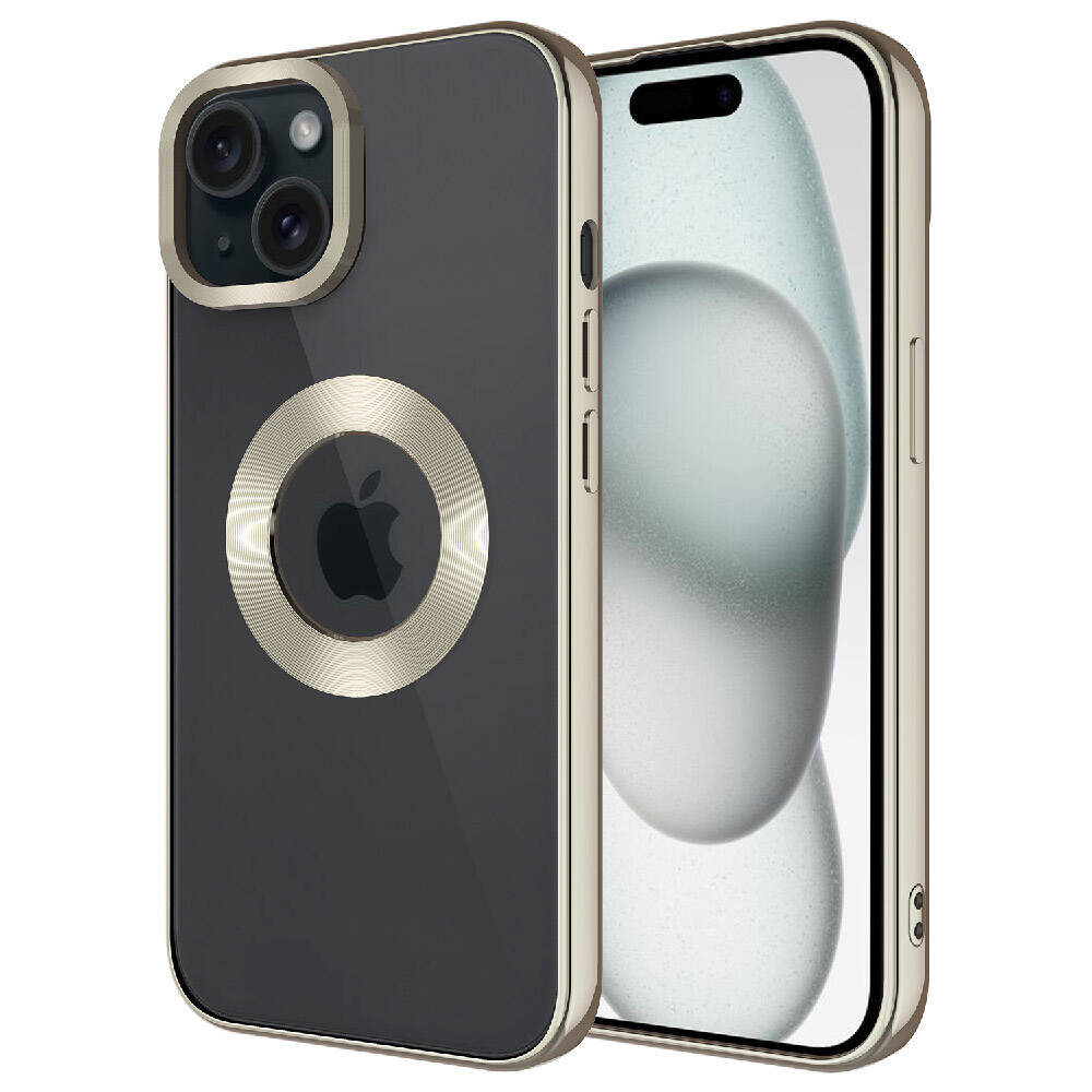 Altın çerçeveli ve kamera halkalı siyah iPhone kılıfı. Apple logosu görünüyor.