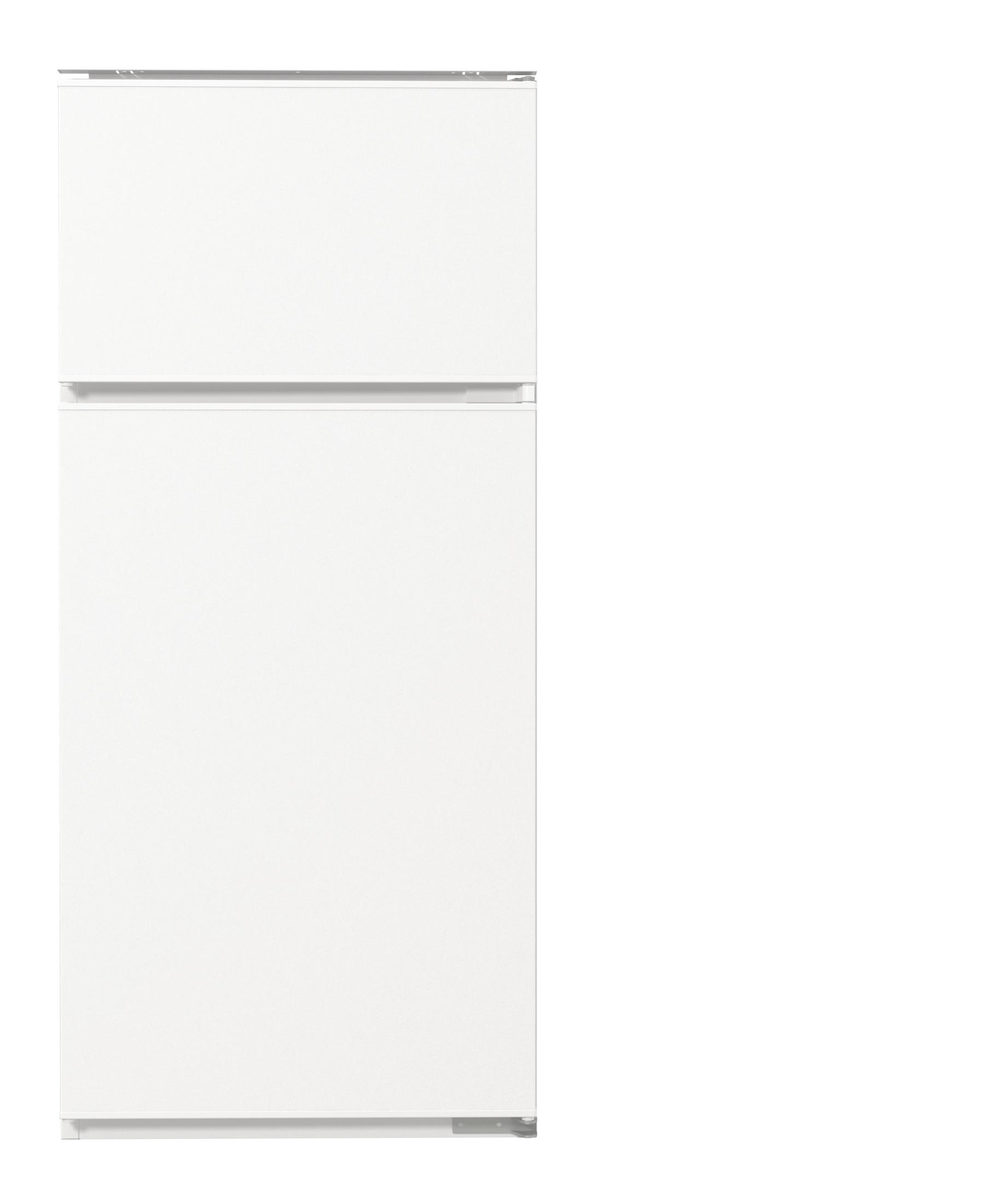 Ein weißer Kühlschrank mit zwei Türen, ein Gefrierfach oben und ein Kühlschrankfach unten.