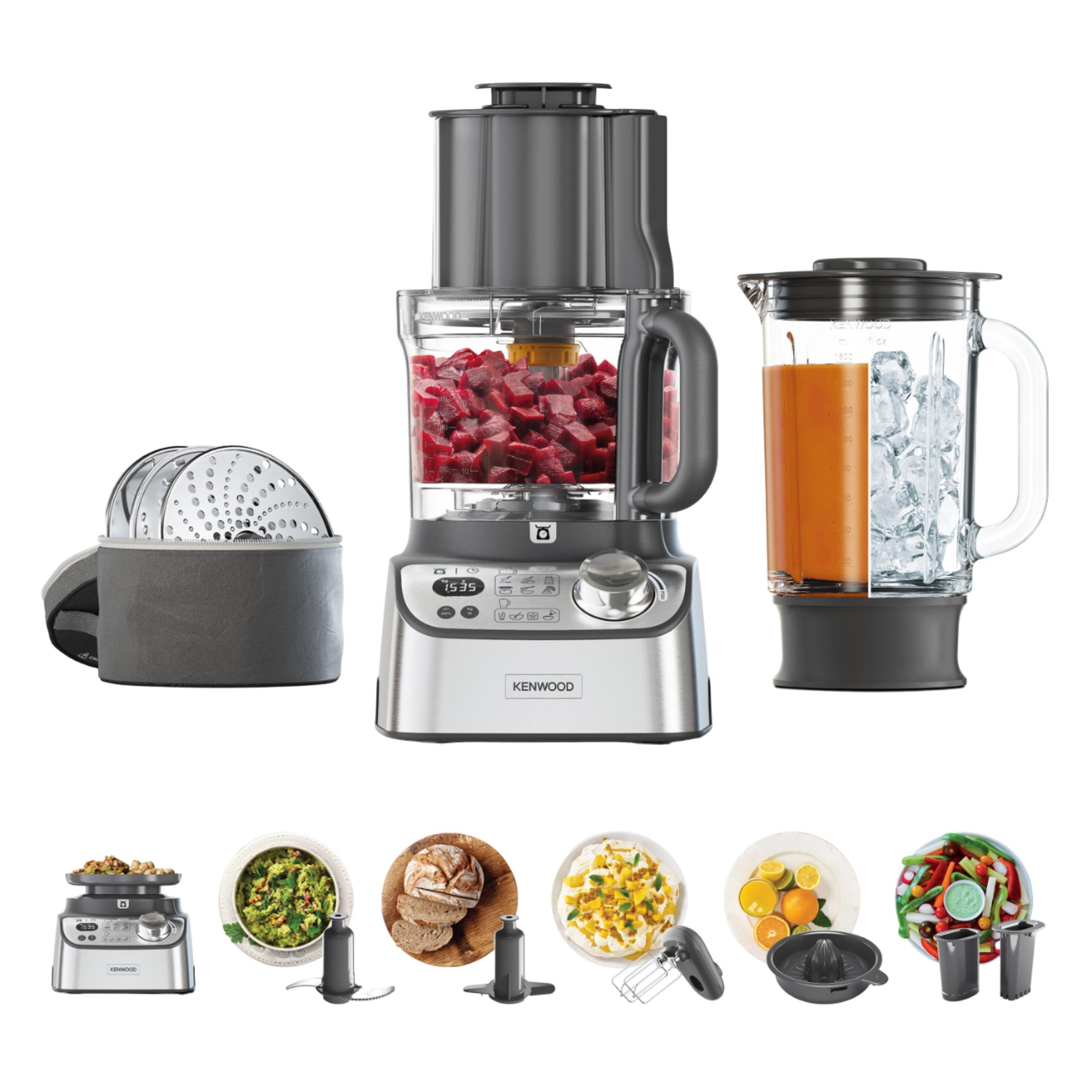 Küchenmaschine mit Zubehör: Mixer, Würfel, Brot, Salat, Orangen, Gemüse.