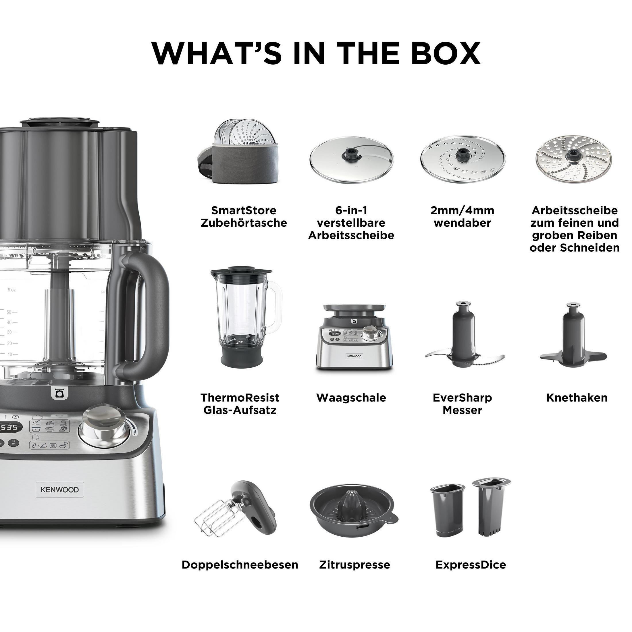 Küchenmaschine mit Zubehör: SmartStore, Scheiben, Mixeraufsatz, Waage, Messer, Knethaken, Schneebesen, Zitruspresse, ExpressDice.