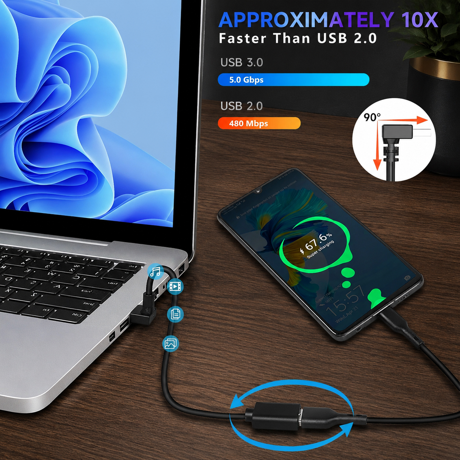 Ein Laptop ist über einen Adapter mit einem Handy verbunden, das super schnell lädt.