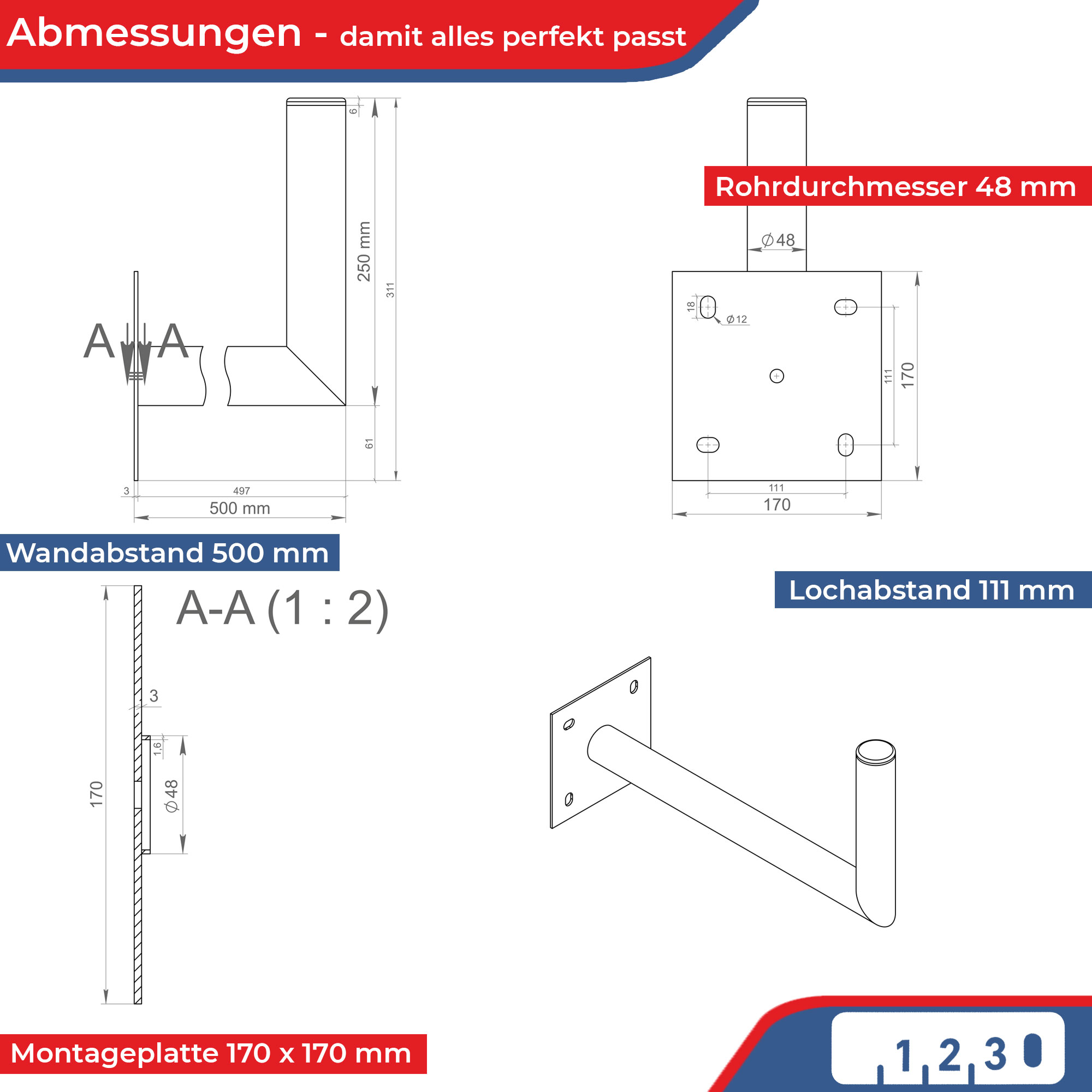 Technische Zeichnung mit Maßen für Rohrhalterung: Wandabstand 500 mm, Rohrdurchmesser 48 mm.