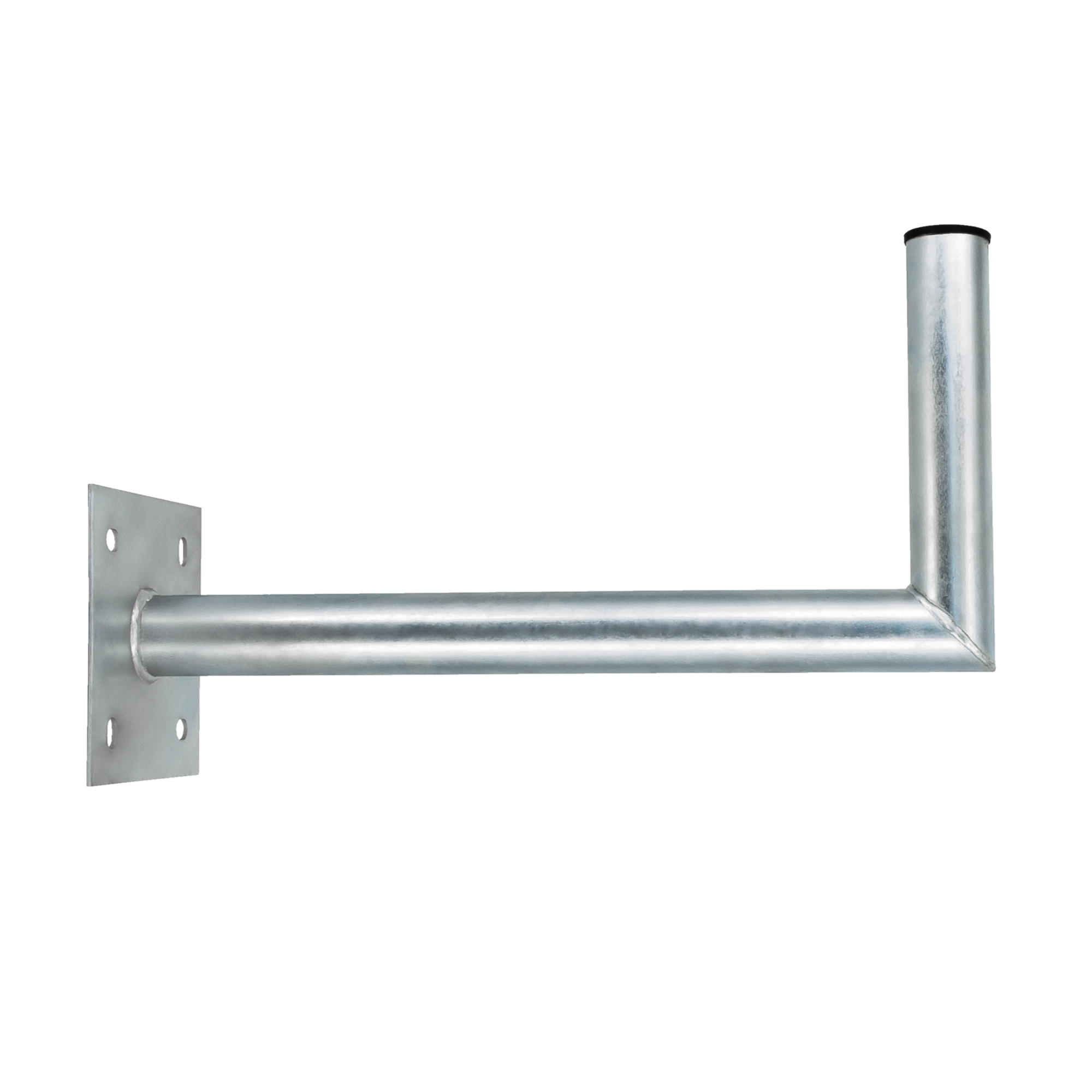 Ein L-förmiger Metallhalter mit Montageplatte und schwarzer Kappe.