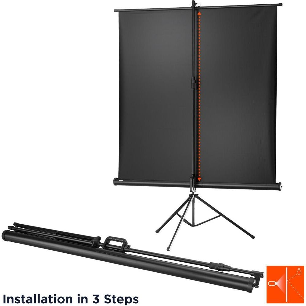 Ein schwarzer Projektionsleinwand mit Stativ und Tragetasche.