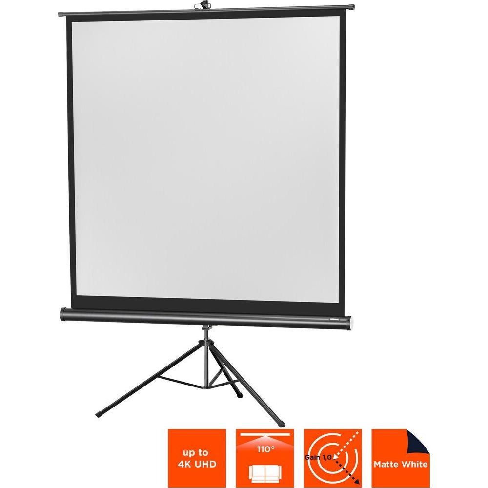 Eine matte weiße Leinwand auf einem Stativ, mit Textfeldern für 4K UHD, 110° und Gain 1.0.
