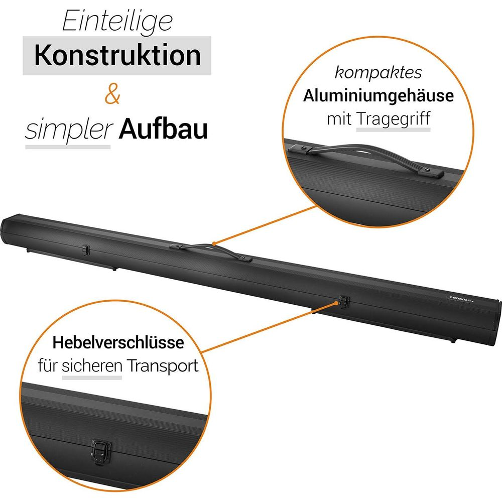 Schwarzer Transportkoffer mit Griff und Riegeln, für einteilige Konstruktion.