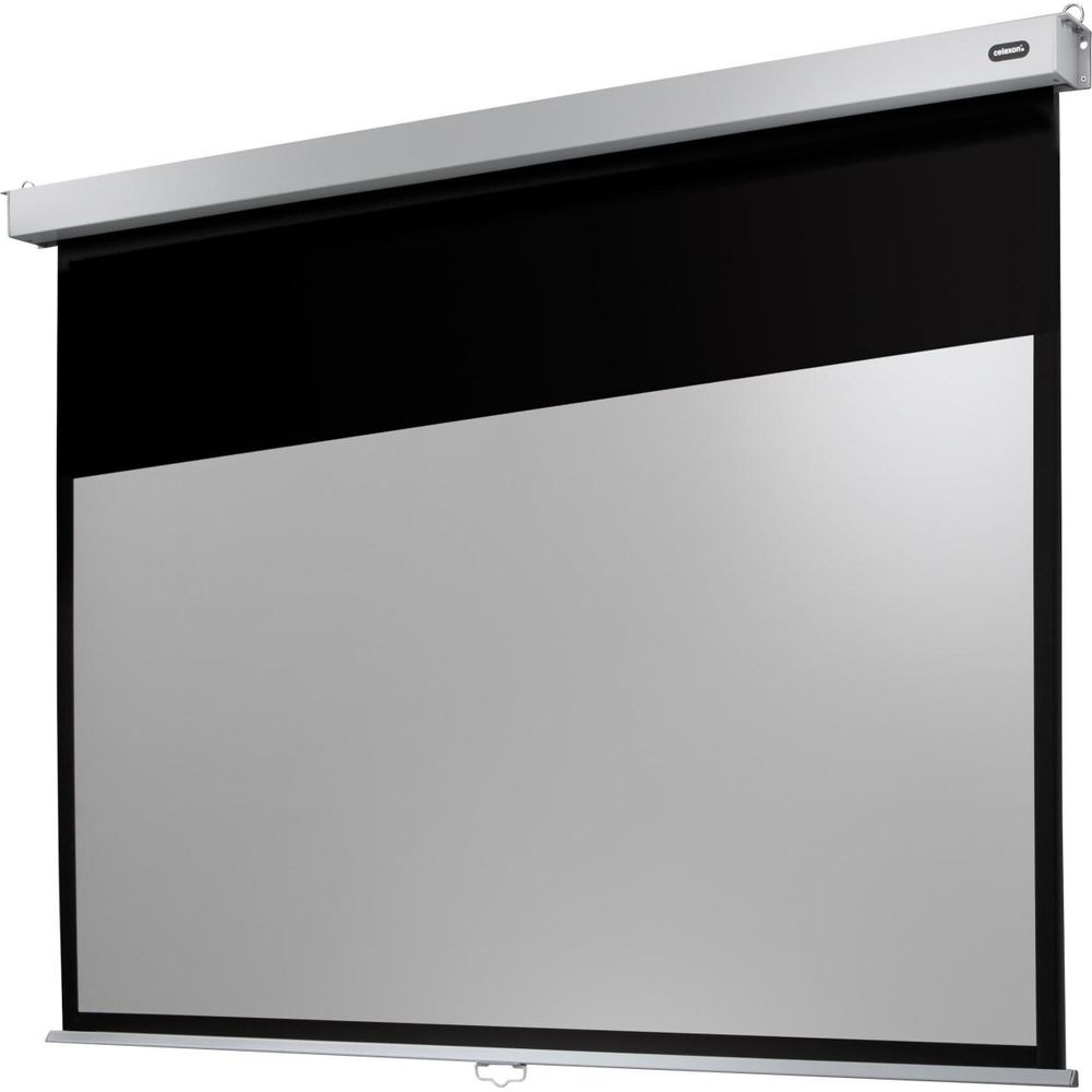 Eine eingefahrene Leinwand mit silbernem Gehäuse und schwarzem oberen Rand.