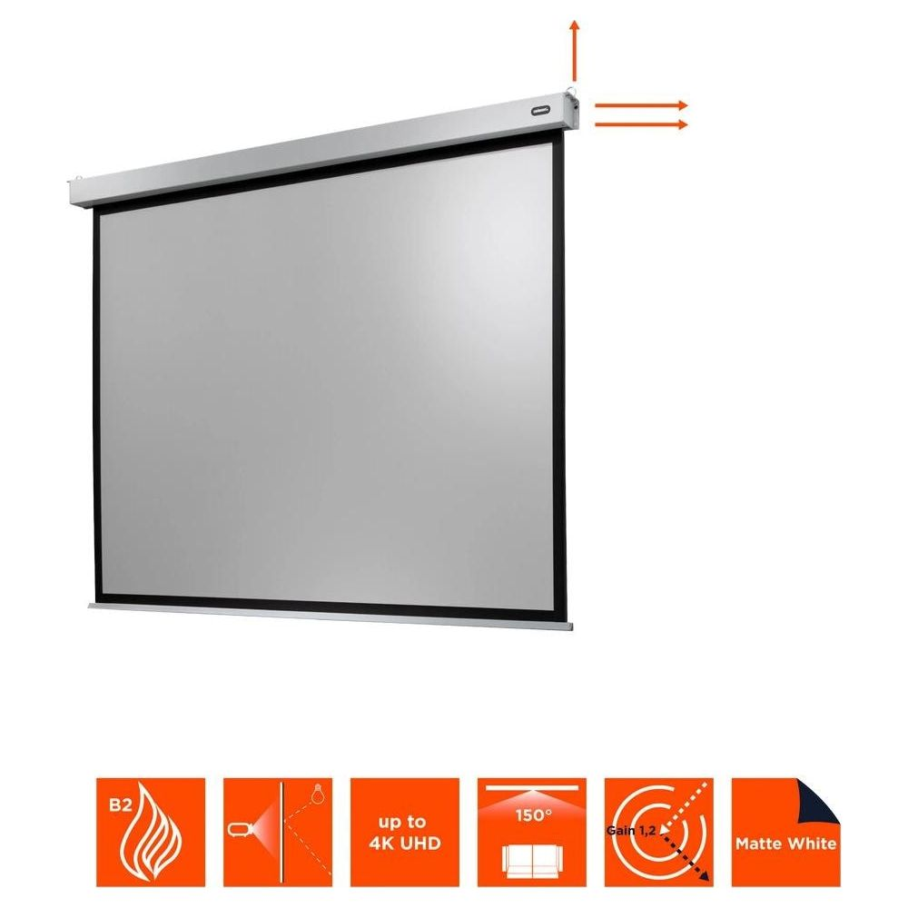 Eine weiße Leinwand mit schwarzem Rahmen, oben mit einem Metallgehäuse.