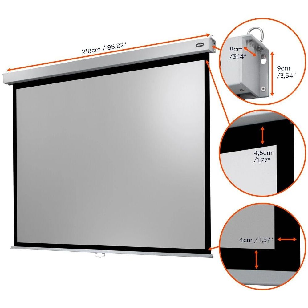 Eine Leinwand 218cm breit, mit Seiten- und Eckmaßen.