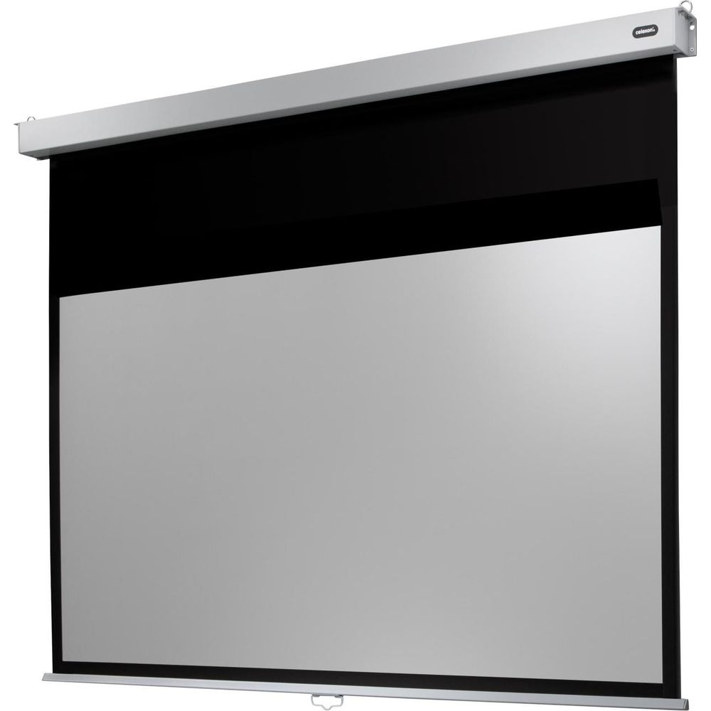 Eine weiße Leinwand mit schwarzem Rand ist aufgerollt.