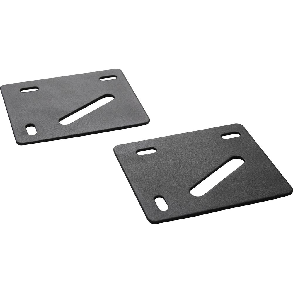 Zwei rechteckige schwarze Metallplatten mit Schlitzen und Löchern.