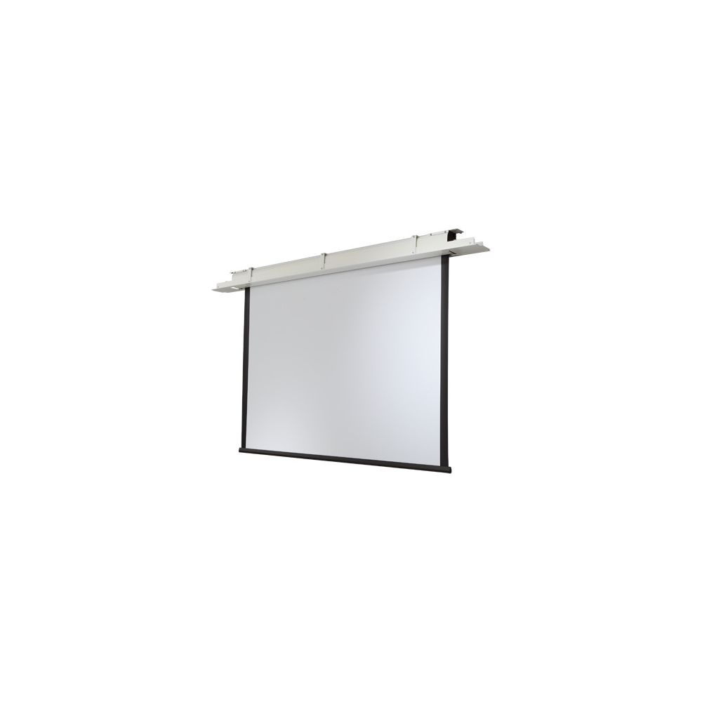 Eine weiße Leinwand mit schwarzem Rahmen hängt von einer Deckenhalterung.