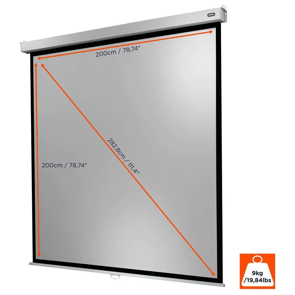 Eine leinwand mit Maßen 200x200cm und 282,8cm Diagonale, 9kg.