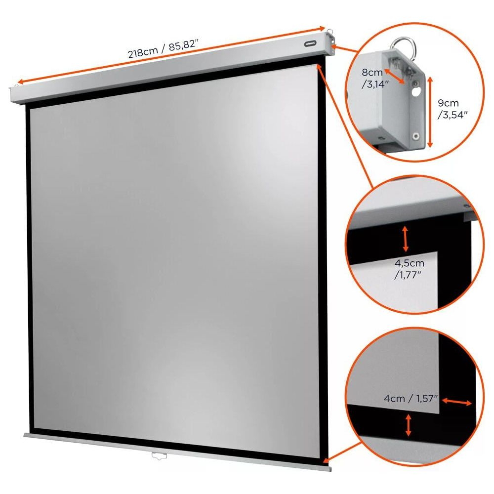 Leinwand 218cm breit mit Detailmaßen für Gehäuse und Ränder.