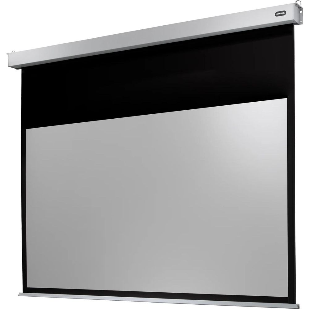 Eine ausgefahrene Leinwand mit schwarzem Rand und silbernem Gehäuse.