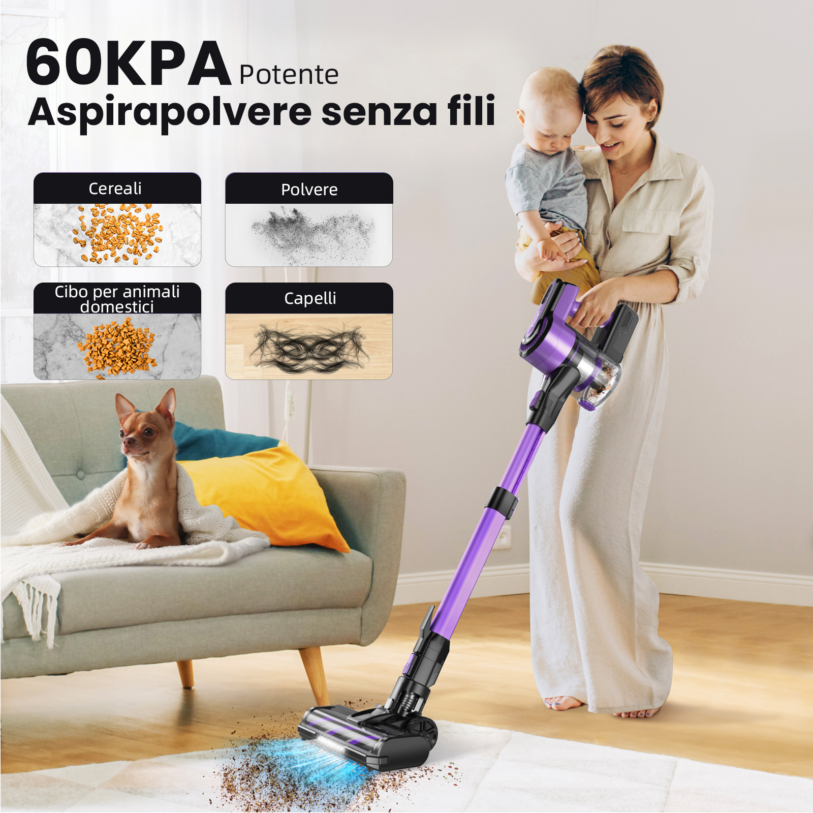 Donna tiene bambino, aspirapolvere viola pulisce tappeto con luce blu.