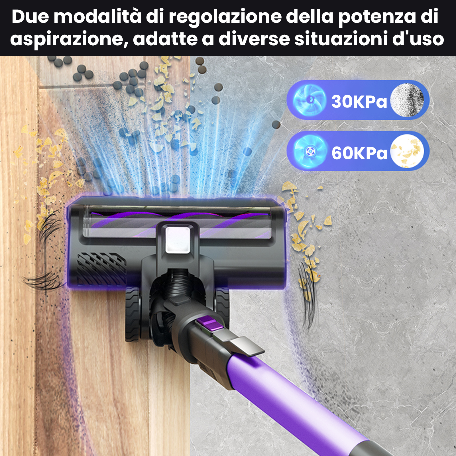 Un aspirapolvere viola pulisce pavimenti in legno e cemento. Mostra 30 kPa e 60 kPa.