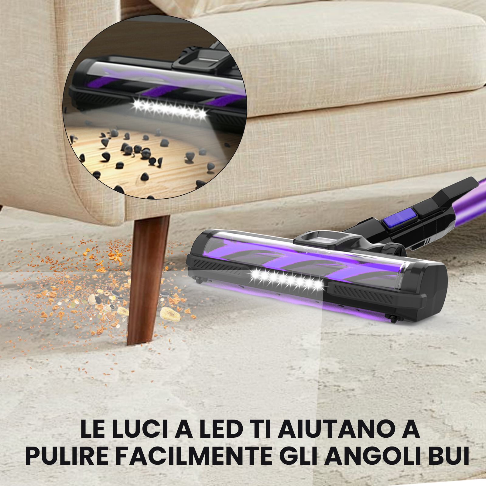 Spazzola aspirapolvere con luci LED pulisce angoli bui su tappeto e legno.