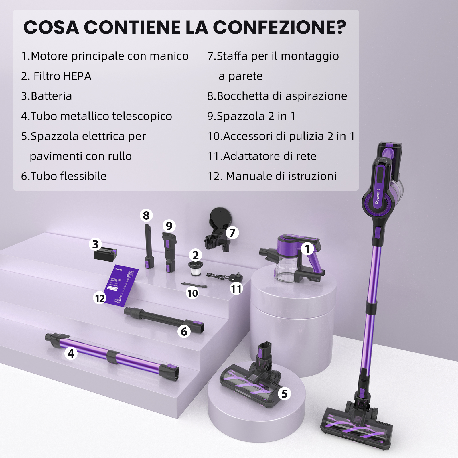 Aspirapolvere senza fili viola e nero con accessori, componenti numerati.