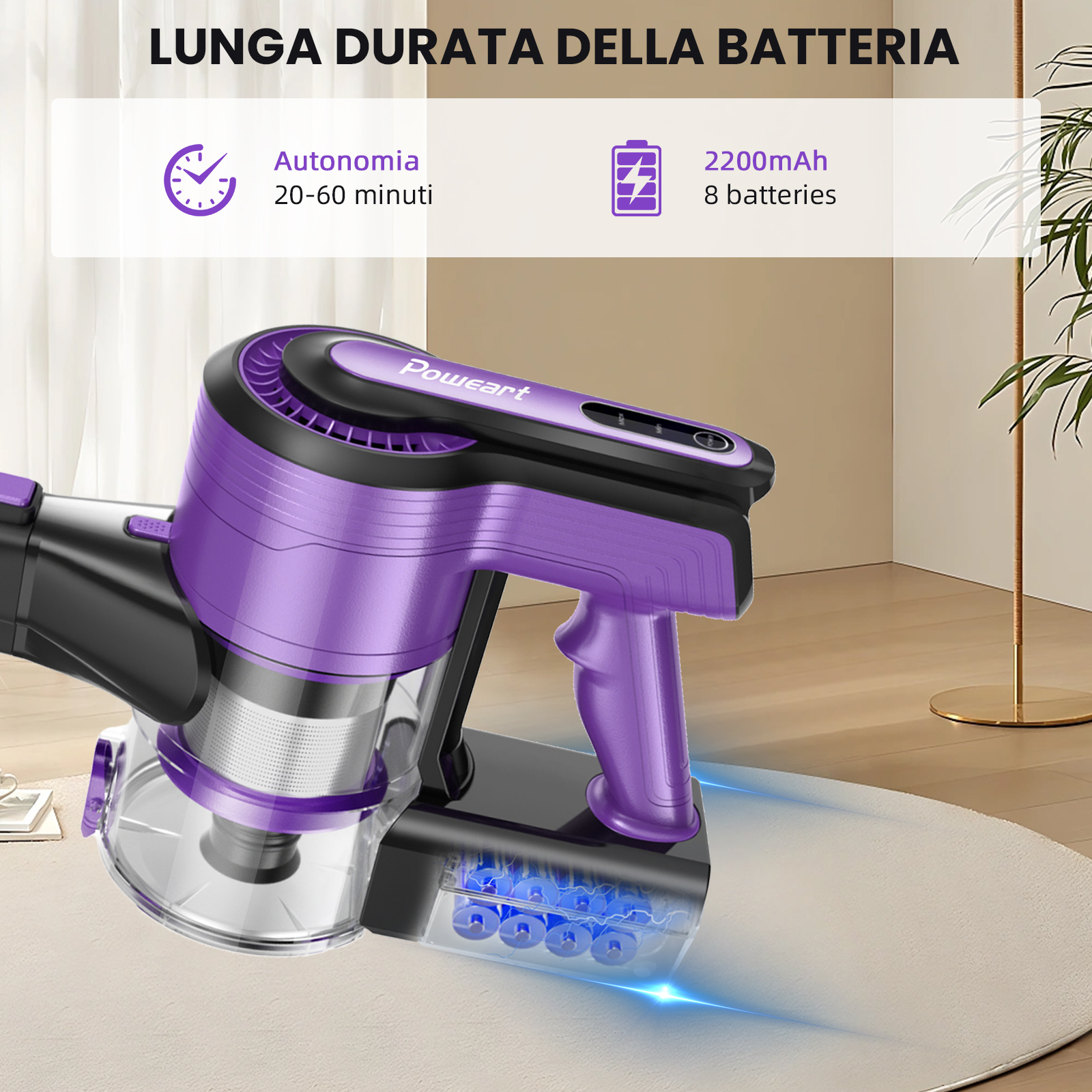Aspirapolvere viola portatile in carica con batterie. Testo sulla durata.