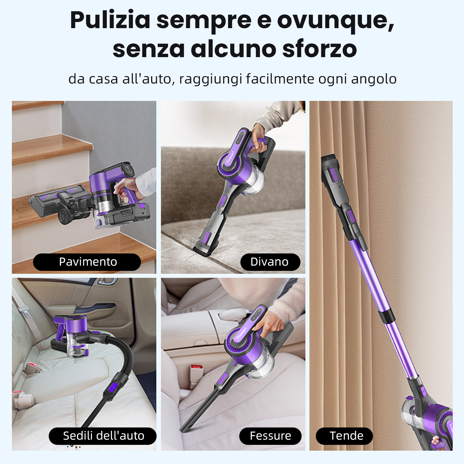 Aspirapolvere viola per pavimenti, divani, auto, fessure e tende.