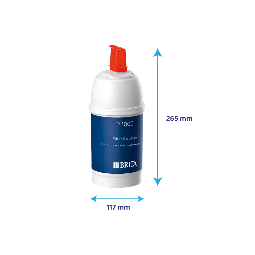 Brita P1000 Filterkartusche, 265 mm hoch, 117 mm breit.