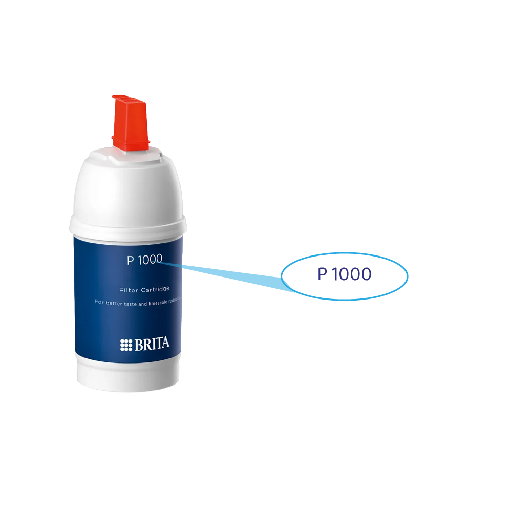 Brita P 1000 Filterkartusche mit rotem Aufsatz.