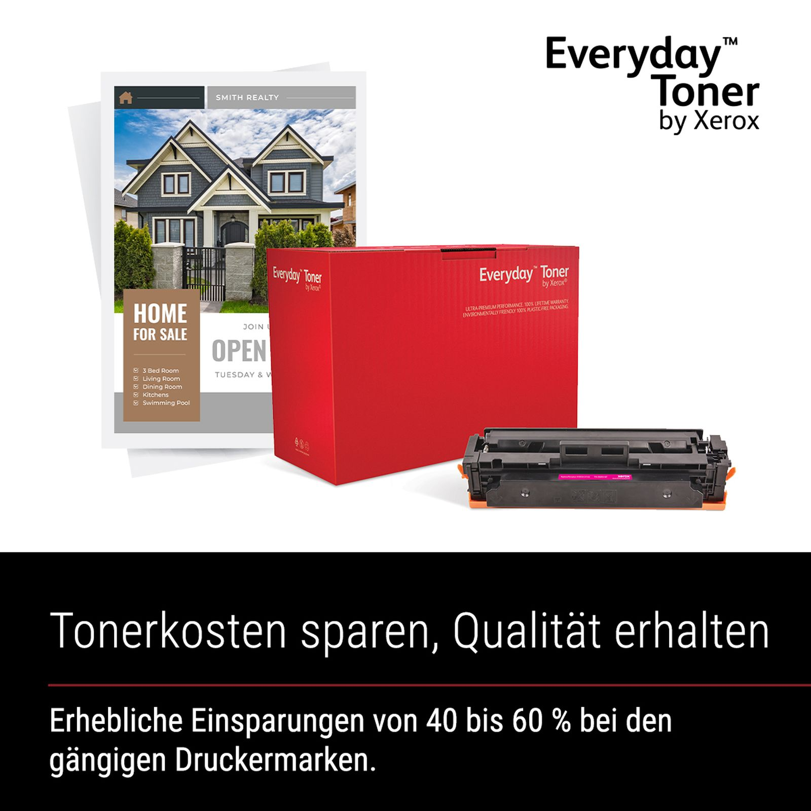 Rode doos met tonercartridge en woningadvertentie. "Everyday Toner" van Xerox.