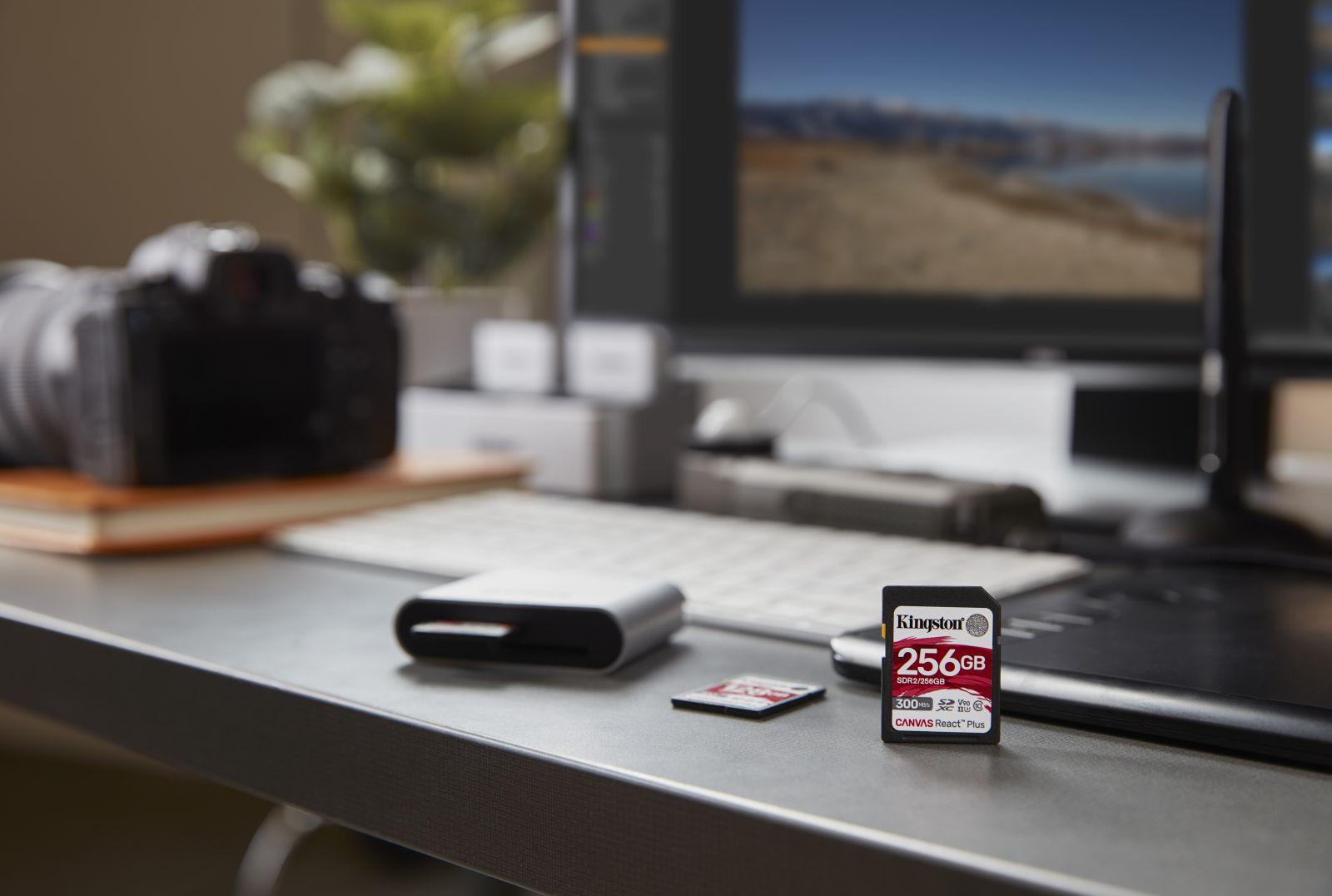 Eine Kingston 256GB SD-Karte liegt neben einer Kamera und einem Computer.