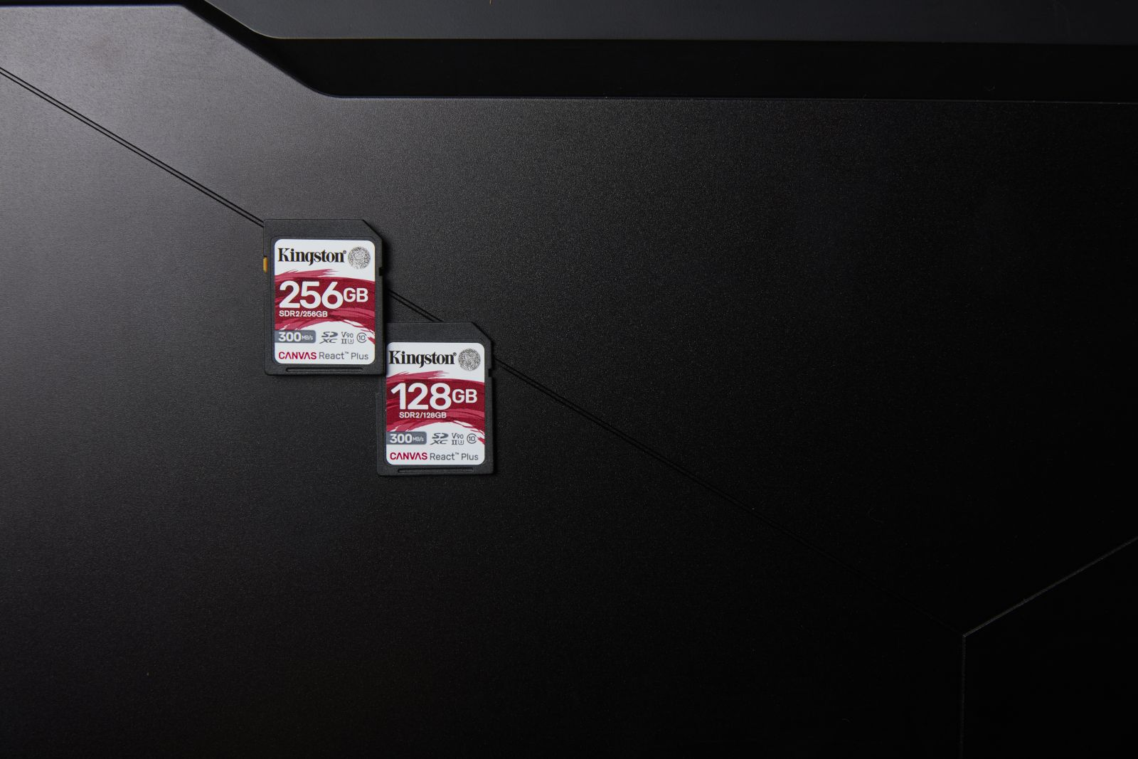 Zwei Kingston SD-Karten, 256 GB und 128 GB, auf schwarzem Hintergrund.