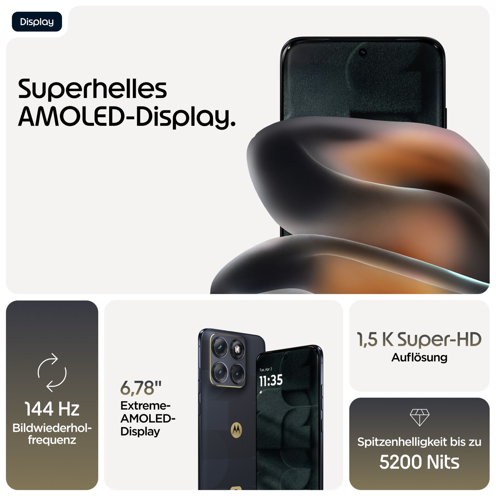 Ein Smartphone mit AMOLED-Display, 144 Hz, 6,78 Zoll und 5200 Nits Helligkeit.