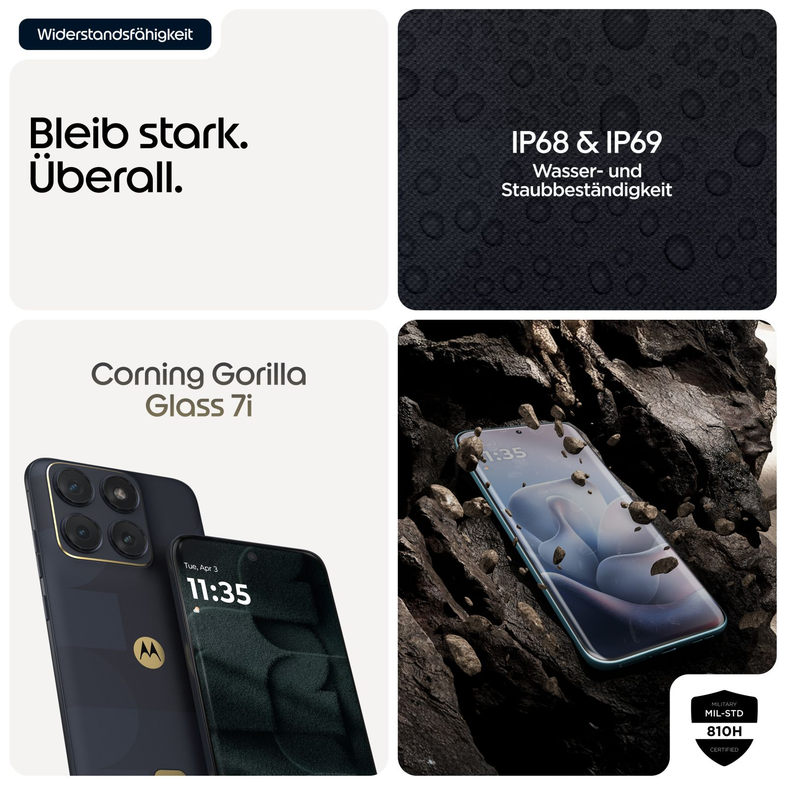 Vier Bilder zeigen ein Smartphone, Widerstandsfähigkeit und Corning Gorilla Glass 7i.