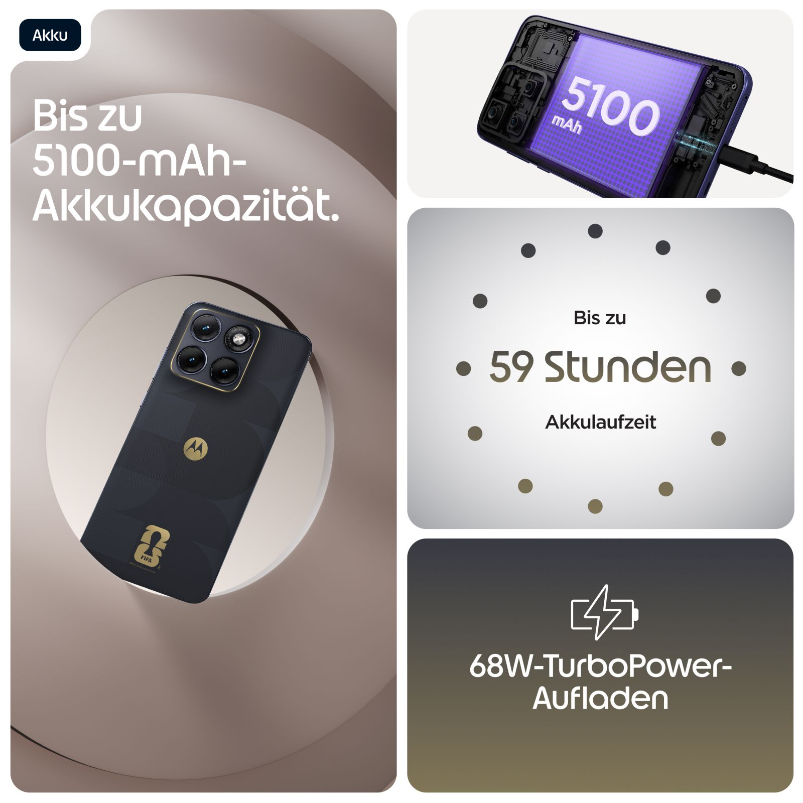 Ein Smartphone mit 5100 mAh Akku, 59h Laufzeit und 68W TurboPower Aufladen.