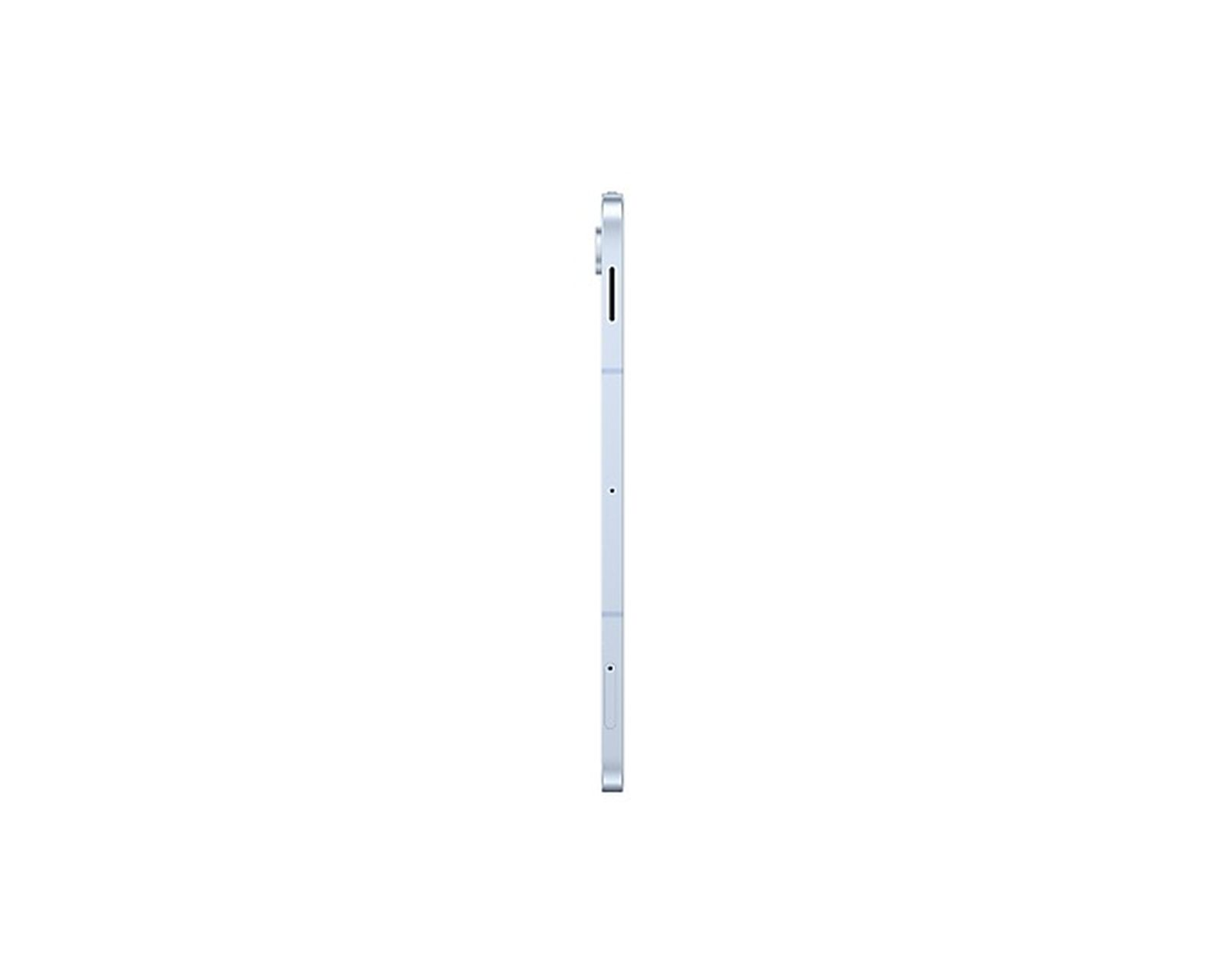 Un tablet azzurro in profilo laterale su sfondo bianco.