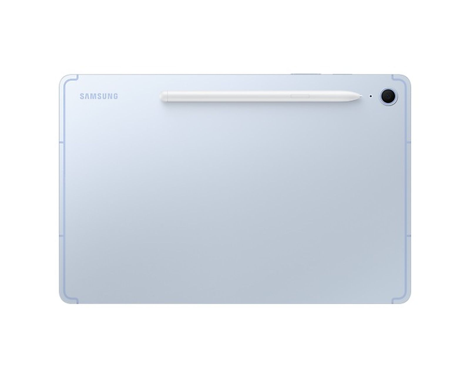 Un tablet Samsung azzurro con uno stilo bianco attaccato magneticamente al lato.