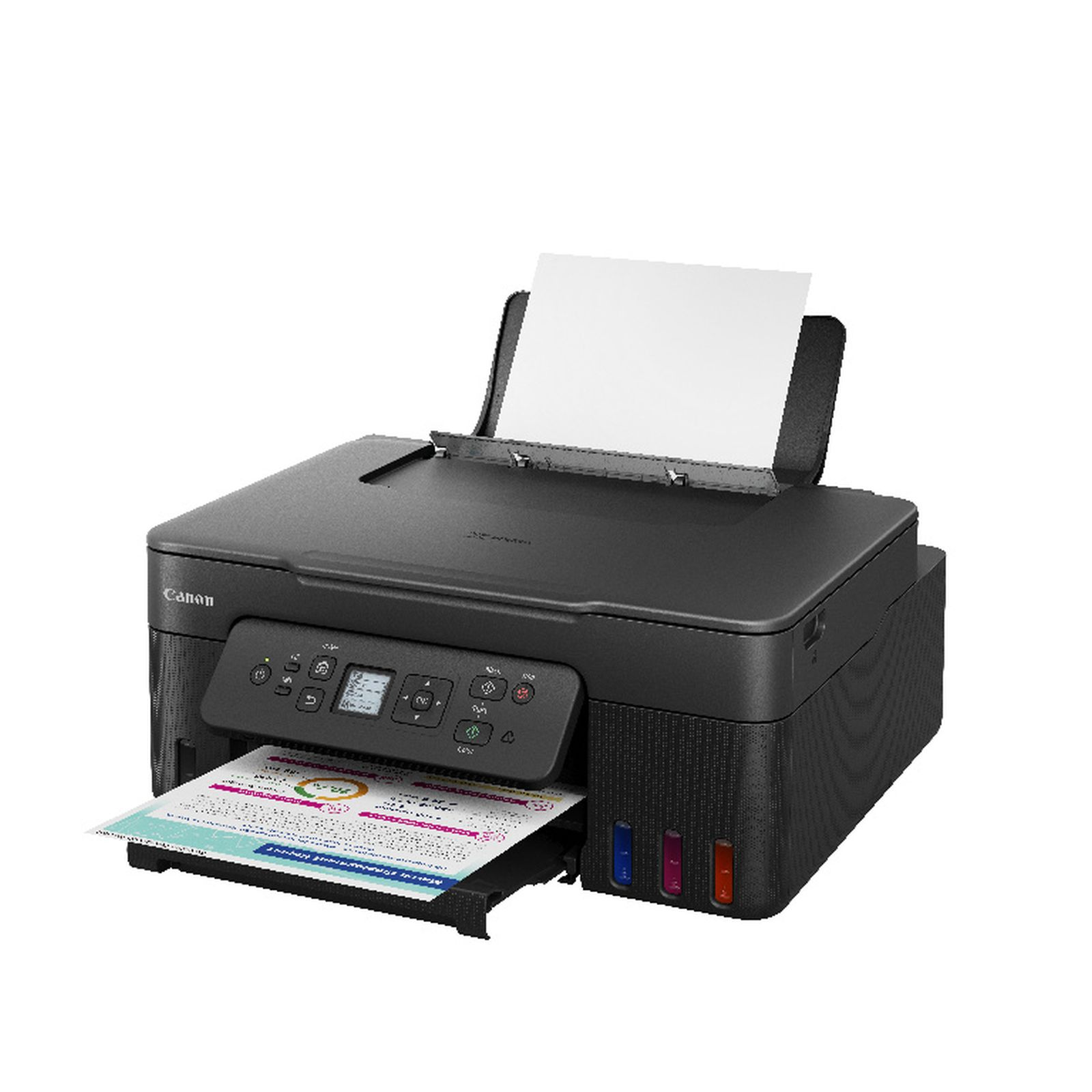 Ein schwarzer Canon Drucker mit bedrucktem Papier im Ausgabefach und leerem Papier im Einzug.