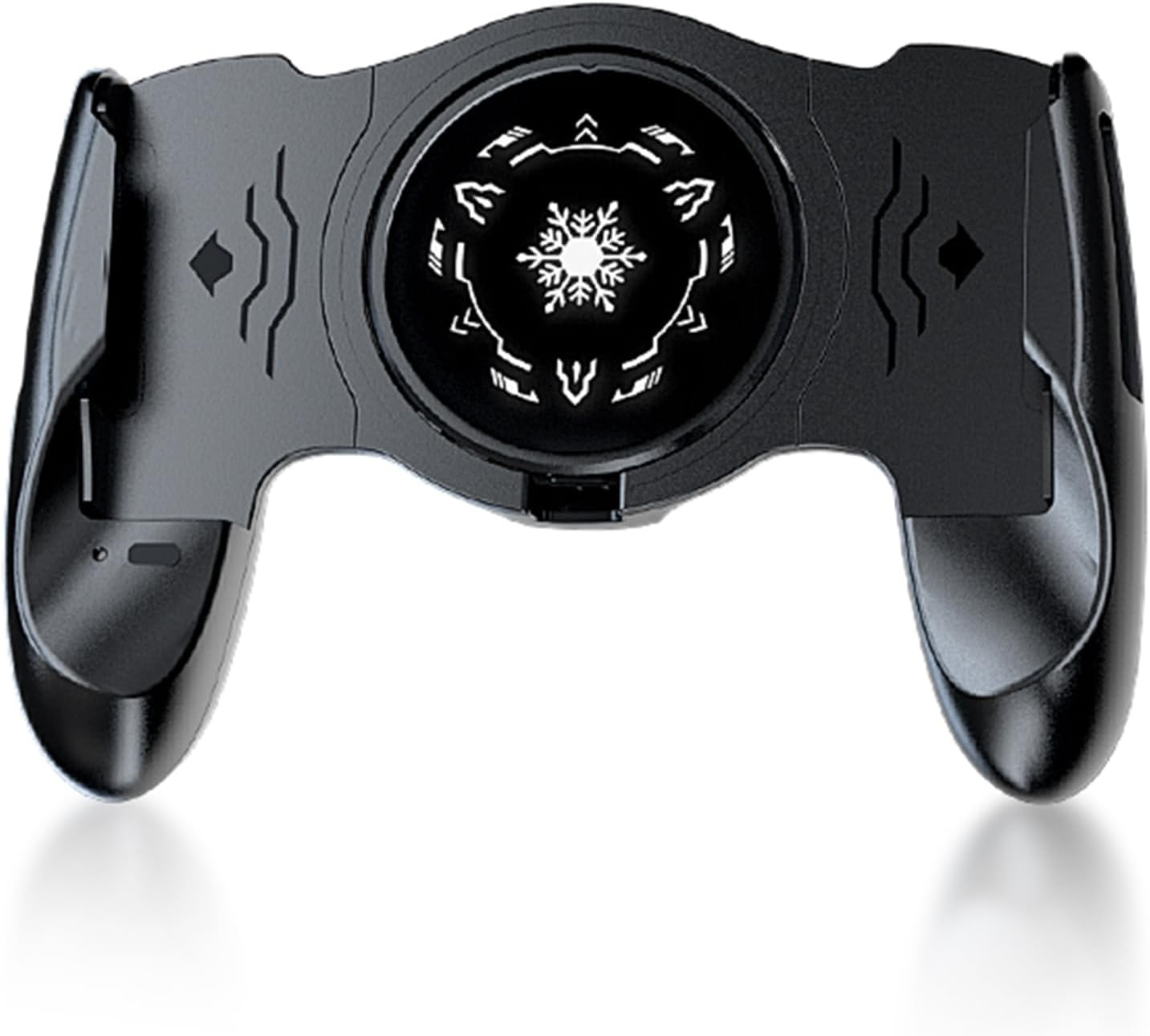 Schwarzer Gaming-Handy-Controller mit Schneeflocken-Design in der Mitte.