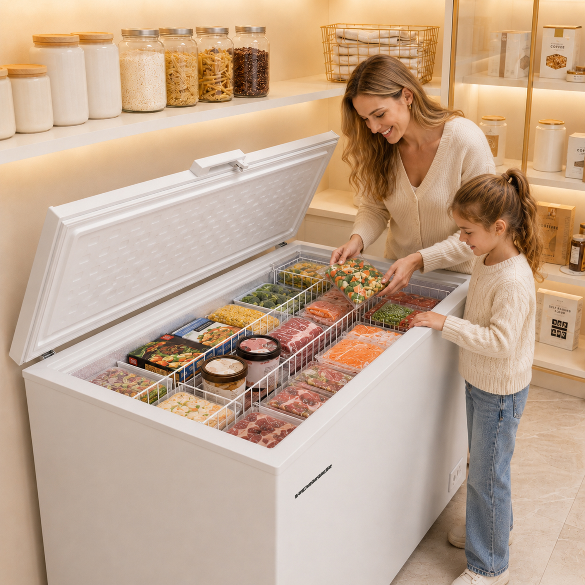 Une femme et un enfant rangent des aliments surgelés dans un congélateur coffre.