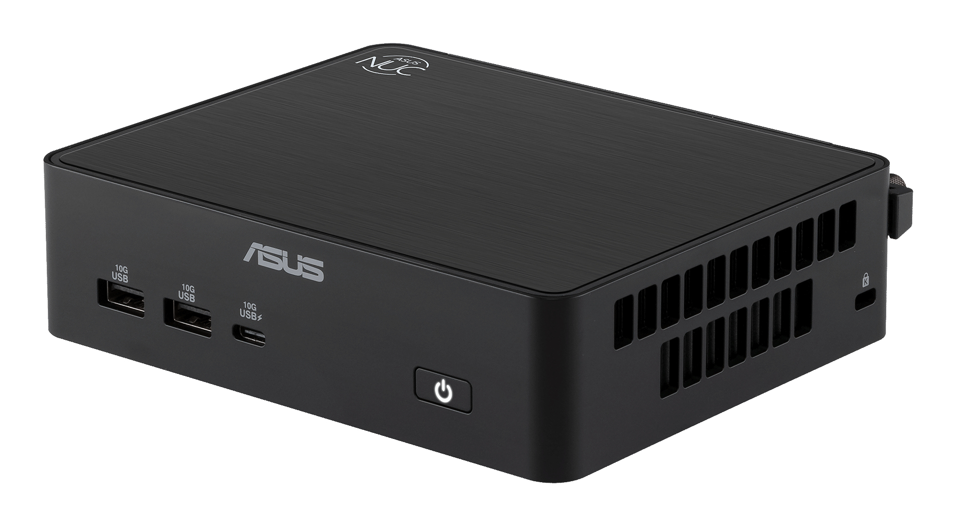 Un mini PC ASUS NUC noir finition brossée avec des ports à l'avant.