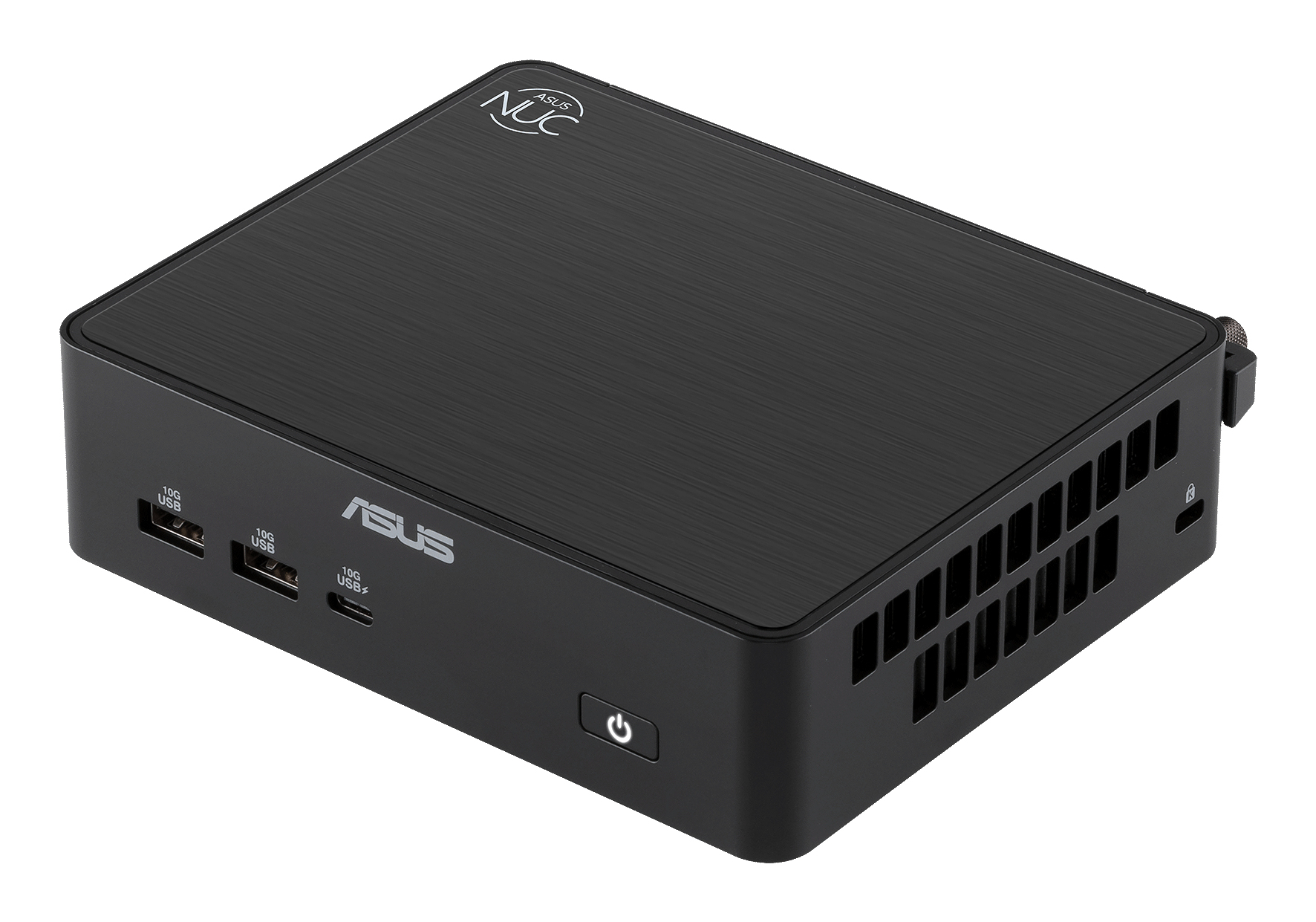 Mini PC Asus NUC noir finition brossée avec ports.