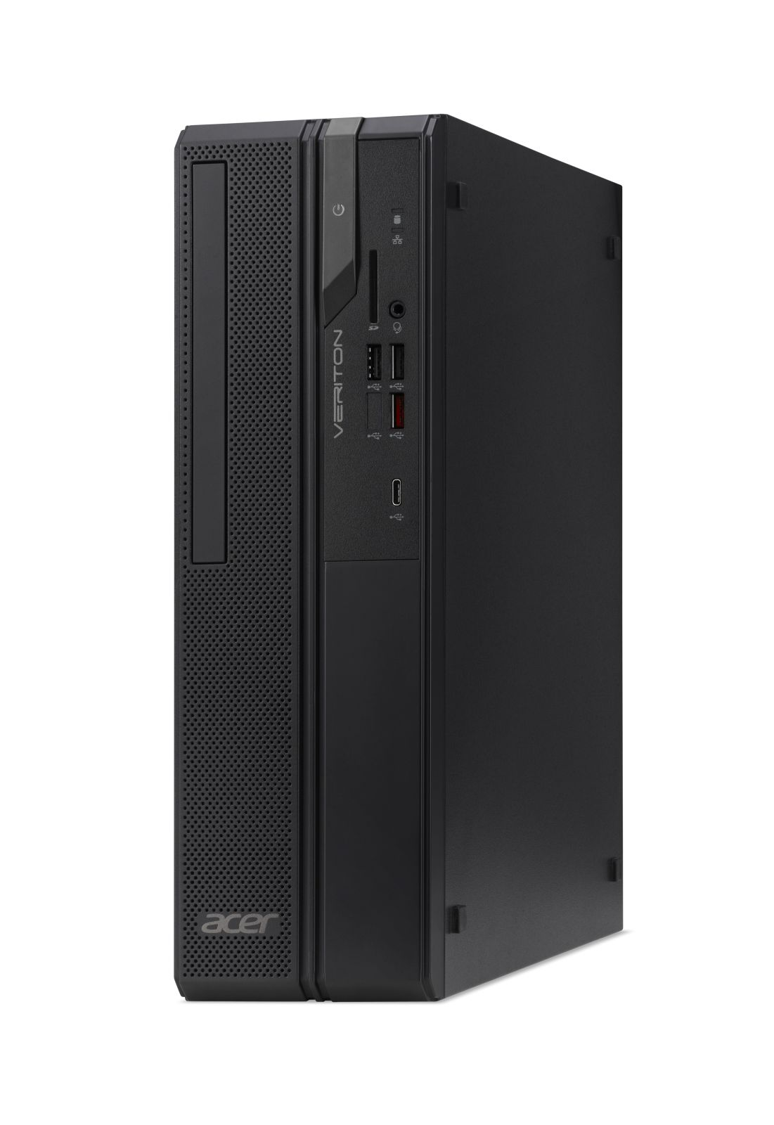 PC desktop Acer Veriton nero con porte anteriori e griglia di ventilazione.