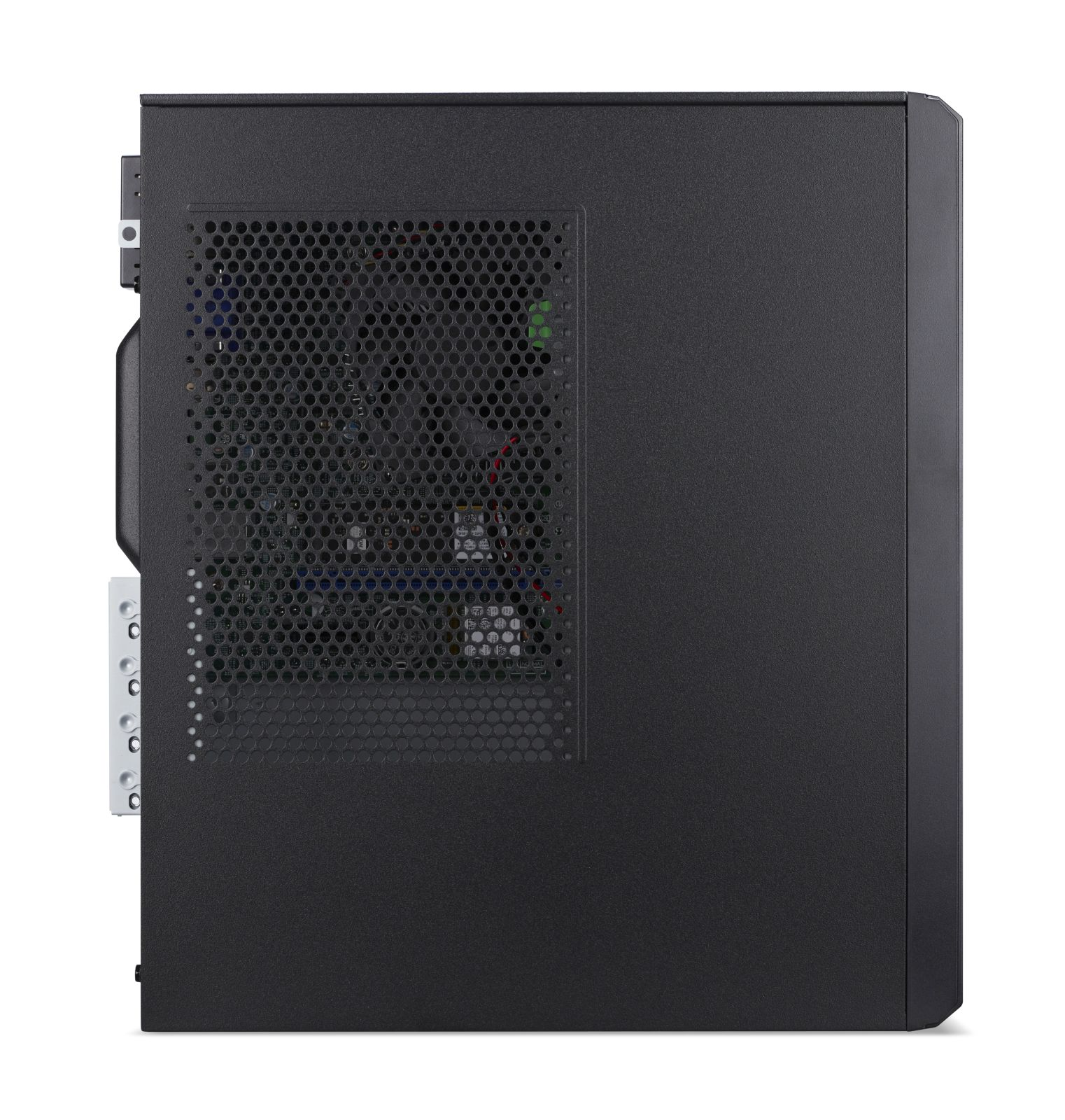 Case del computer nero con pannello laterale ventilato che rivela componenti interni.
