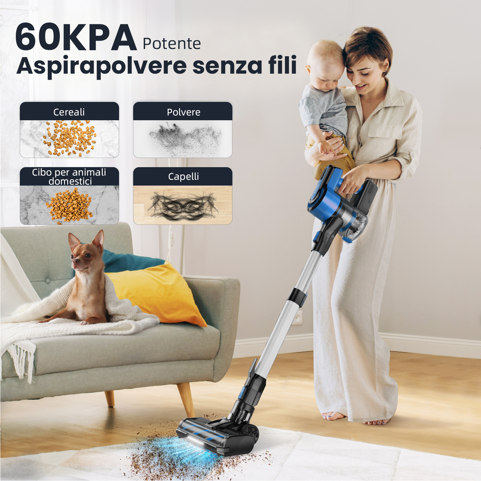 Donna tiene bambino, aspirapolvere pulisce tappeto. Quattro immagini mostrano cereali, polvere, cibo, capelli.