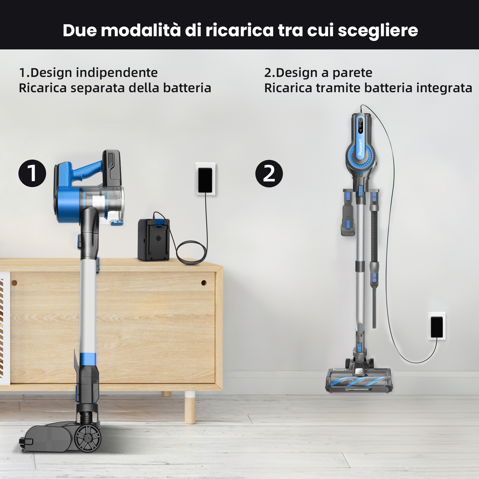Due modalità di ricarica: libera con batteria separata o a parete.