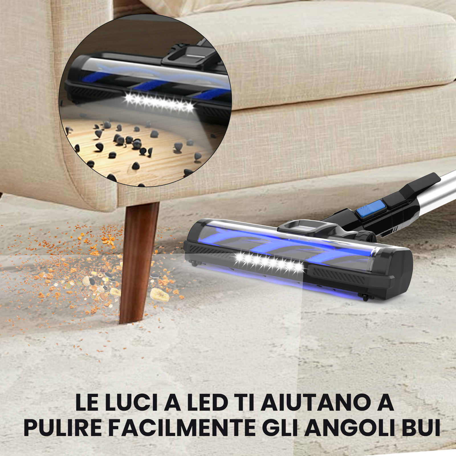 Spazzola aspirapolvere con LED pulisce legno e tappeto da detriti.