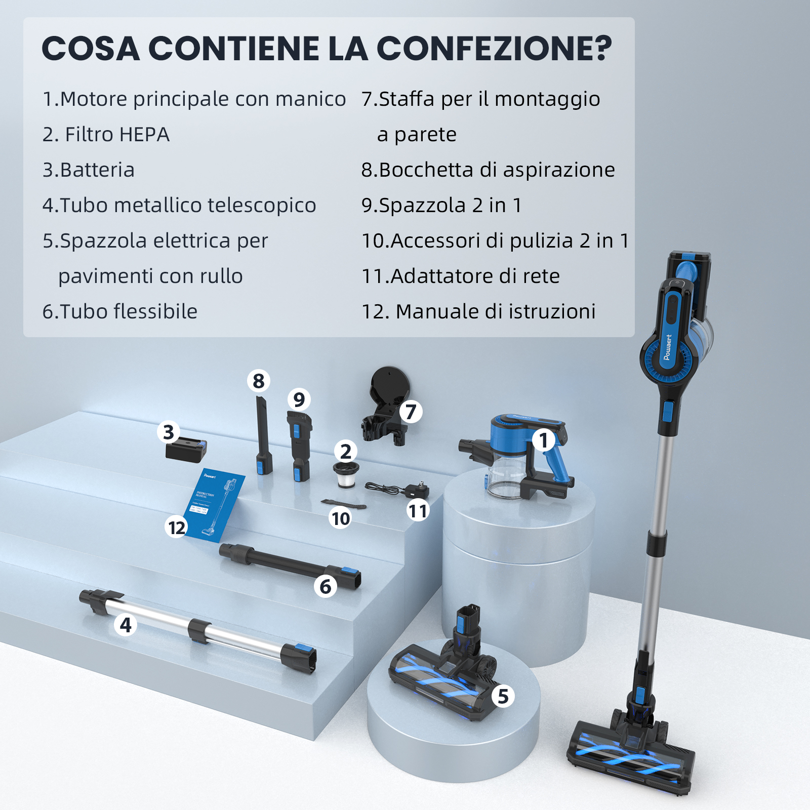 Parti di un aspirapolvere blu e nero esposte su un palco.