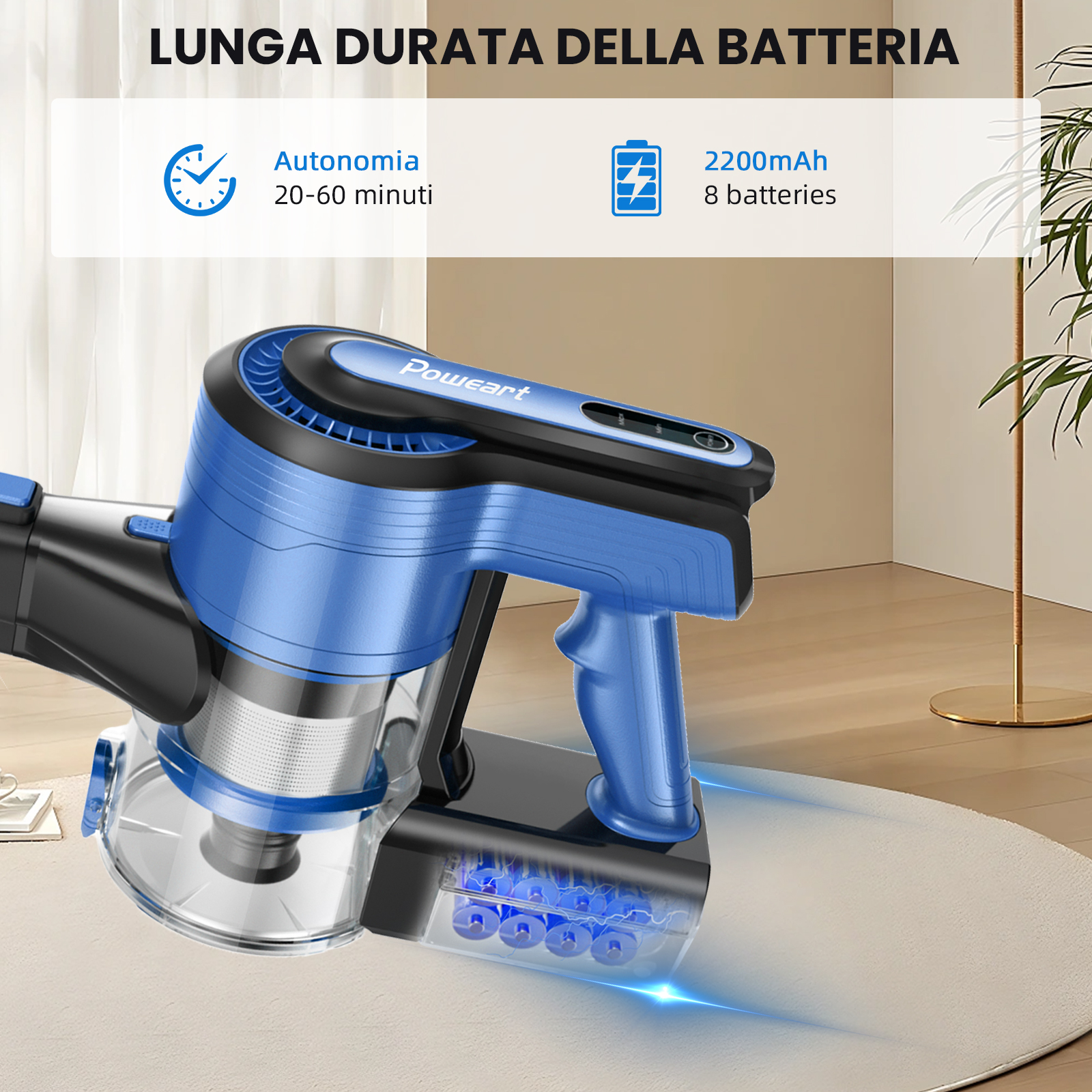 Aspirapolvere senza fili blu con contenitore trasparente e batterie alla base.